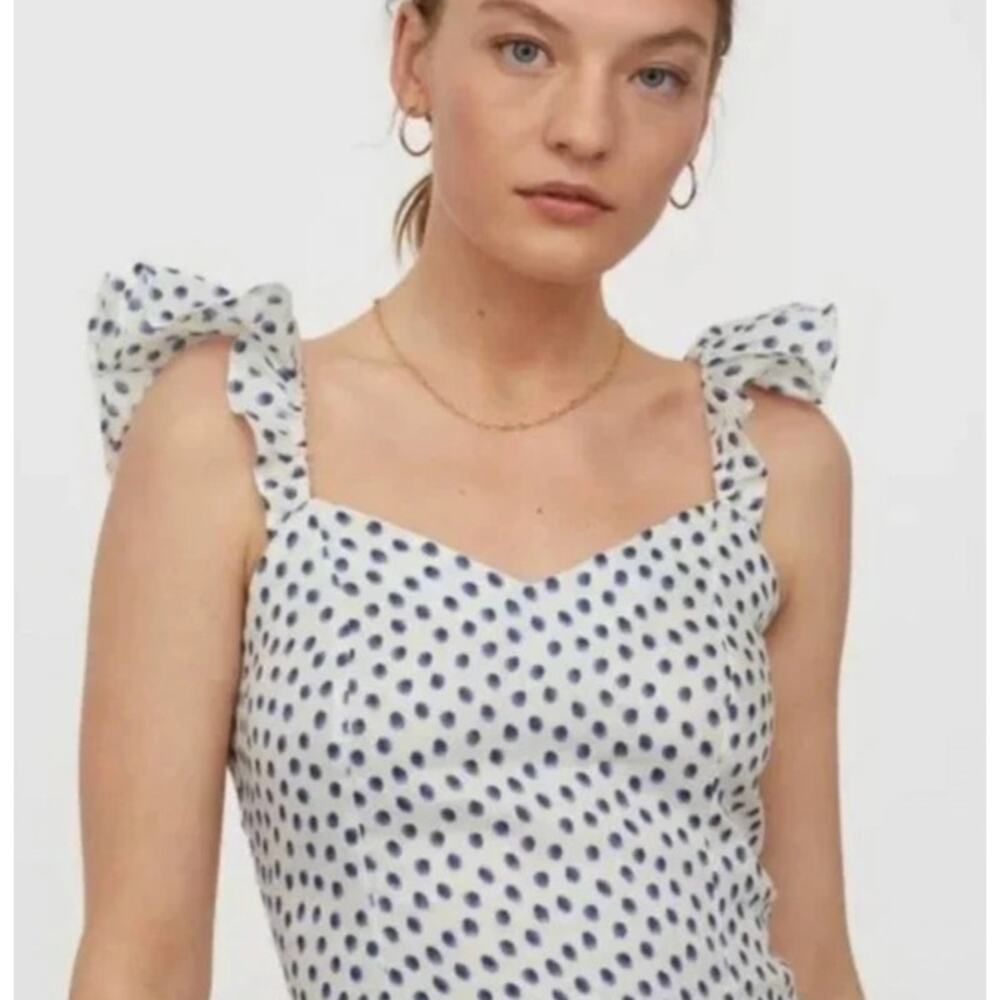 H&M Linen Blend Polka Dot Blouse White Lightweight Summer Casual Chic Sz L